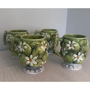 Inarco E2868 4 Piece Ceramic Coffee Mug Set Daisy Floral Apple Green Mid-Century